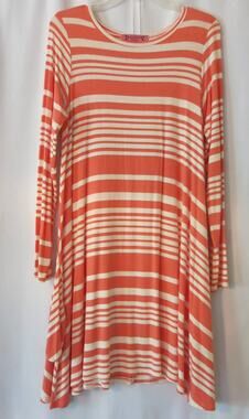 ALMOST PINK Dress Size M Trapeze Long Sleeve Pink White Stripe Pockets Casual